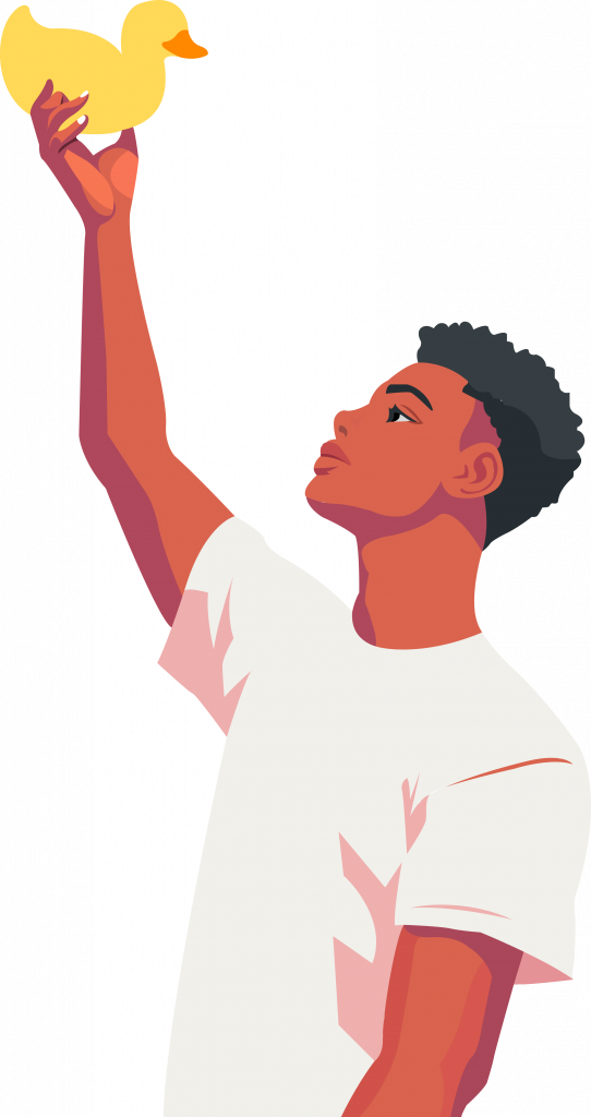 Foto de un hombre sujetando un patito de goma, decorativa y apelando a la mascota de la marca