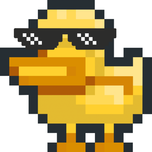 Logo de Quacklity, patito de goma hecho en pixelart, usa unas gafas para implicar que es "cool"