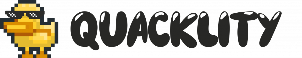 Logo horizontal de Quacklity. Un patito de goma en pixelart seguido del nombre de la empresa